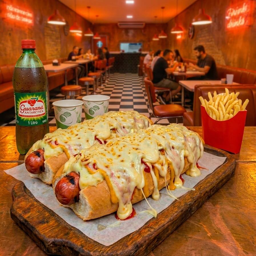 2x PurêDogs (Pão 30cm, Molho De Tomate Artesanal, 2 Salsichas, Purê De Batata, Ketchup, Maionese, Mostarda, Barbecue, Queijo Ralado, Muçarela Maçaricada, Batata Palha) + 1x Batata Frita M + Refri de 1 Litro
Imagem meramente ilustrativa - (Gerada por IA)