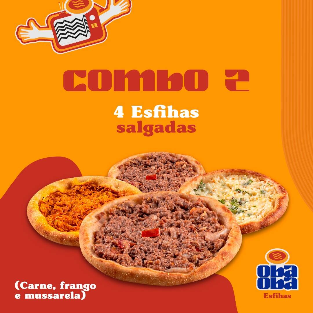Combo sensacional para o seu momento Oba Obaaaaa! Selecione quatro deliciosas esfihas salgadas! Escolha de sabores: Carne, frango e muçarela.