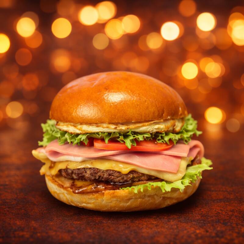 Aquele Burger com: Pão Brioche selado na manteiga, 100g blend bovino, queijo mussarela derretido, presunto, tomates fininhos, alface americana e ovo.