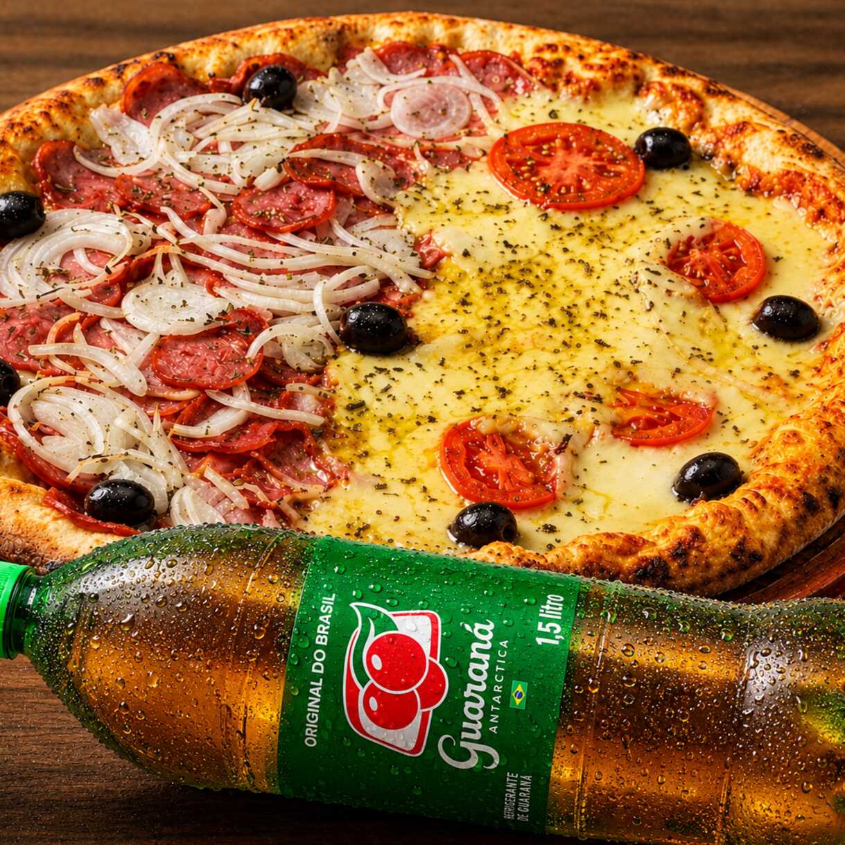 Peça uma pizza grande (2 sabores) e ganhe um Guaraná Antarctica 1,5l totalmente Grátis! 🔥