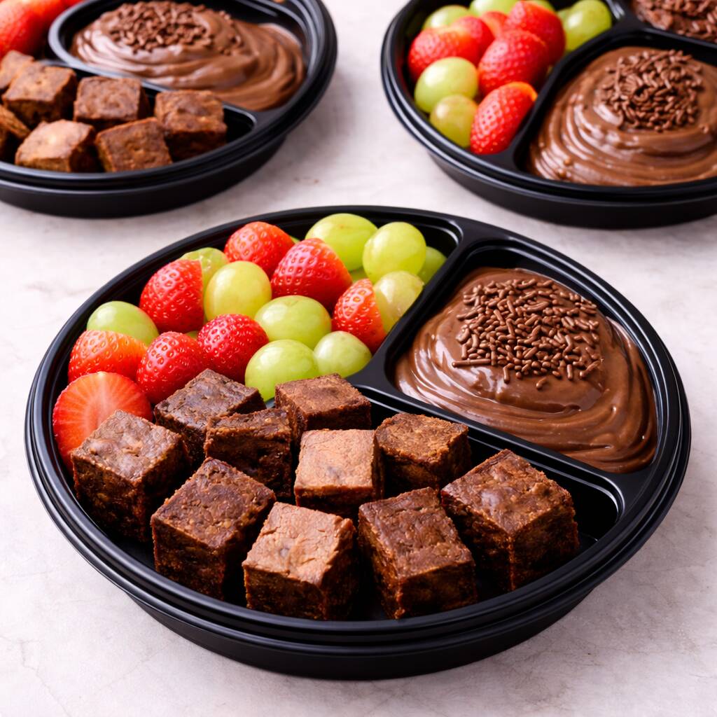 🍓 Uma explosão de sabores em cada divisão! Morangos fresquinhos e uvas doces combinados para trazer leveza e suculência, acompanhados de pedaços generosos de brownie macio e intenso. Para completar, um delicioso brigadeiro cremoso em molho, perfeito para mergulhar cada pedacinho e transformar cada colherada em uma experiência irresistível, rica e cheia de sabor. 🍫✨