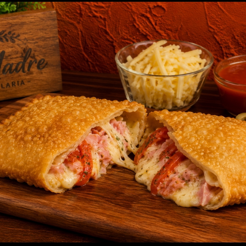 Nosso pastel de pizza vem recheado com queijo derretido, presunto suculento, tomate fresco, molho de tomate temperado, azeitonas e um toque de orégano. Uma combinação irresistível de sabores! É a escolha perfeita para quem adora o sabor autêntico de uma boa pizza, em uma versão ainda mais prática e deliciosa!