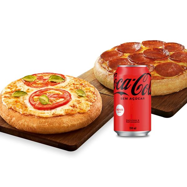Preço exclusivo na compra de 2 Pizzas Individuais (15cm a 17cm - 4 fatias) e refri lata