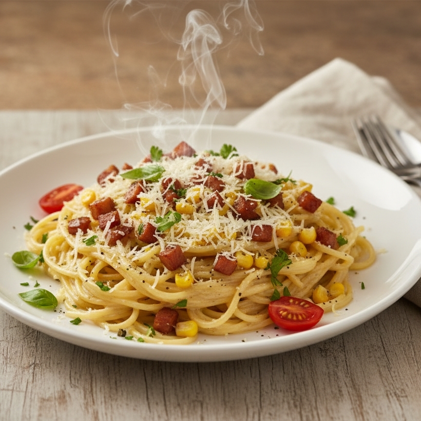 Massa ao molho bechamel com frango desfiado, bacon crocante, milho e mussarela. Finalizado com orégano, ervas finas ou manjericão. Cremoso e ao mesmo tempo marcante, une o sabor suave do frango com o toque defumado do bacon. Ideal para quem gosta de equilíbrio entre leveza e intensidade.