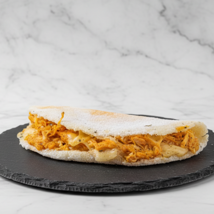 Tapioca recheada com frango desfiado bem temperado e muçarela derretida, formando uma combinação cremosa e cheia de sabor.