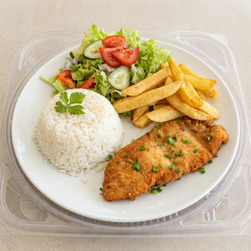 Nossa Deliciosa Marmita Acompanha Arroz Branco Soltinho, Peixe à Milanesa, Batata Frita Crocante