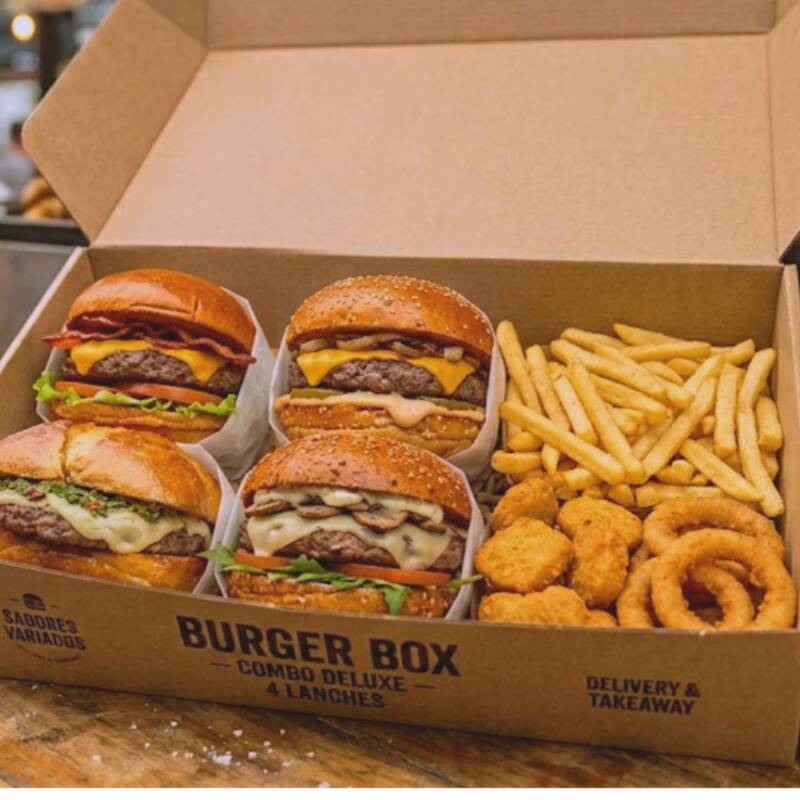 Deliciosa Burger In Box com 4 Lanches Triplos (a sua escolha) + Batata + Anéis De Cebola + Nuggets + coca coca 2l