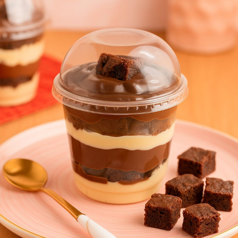 Copo da Felicidade feito com creme de ninho, brownies, nutella e mousse de chocolate.