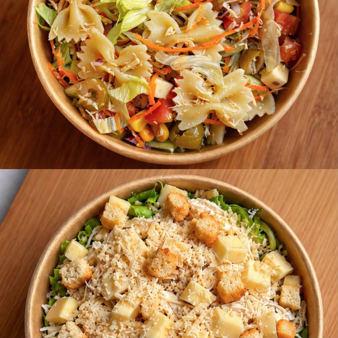 Escolha duas saladas entre Caesar Saladê e Harmonia da Casa. Uma combinação leve, prática e saborosa.