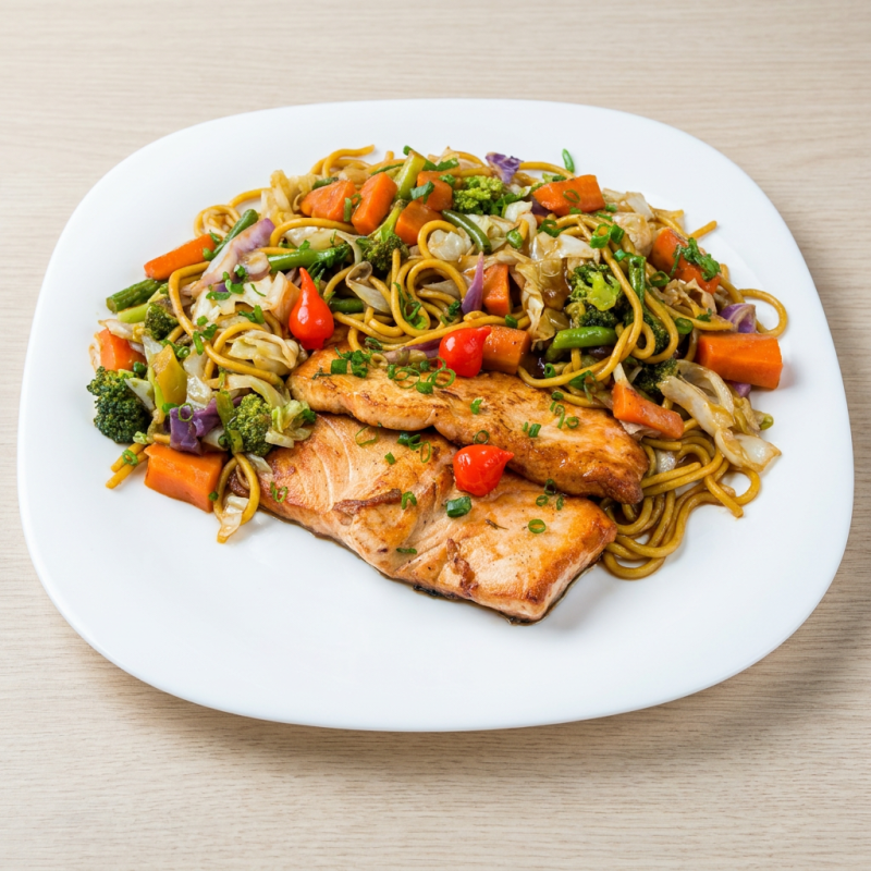 UM DELICIOSO SALMÃO GRELHADO, COM UM SABOROSO YAKISOBA DE LEGUMES