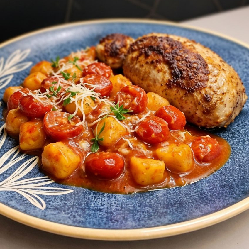 Gnocchi de batatas, tomates cereja, molho pomodoro, sobrecoxa de frango assada com especiarias, finalizado com manjericão.