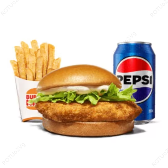 Pão de brioche, um delicioso e suculento filé de peito de frango crocante, maionese e alface. Acompanha batata e bebida.