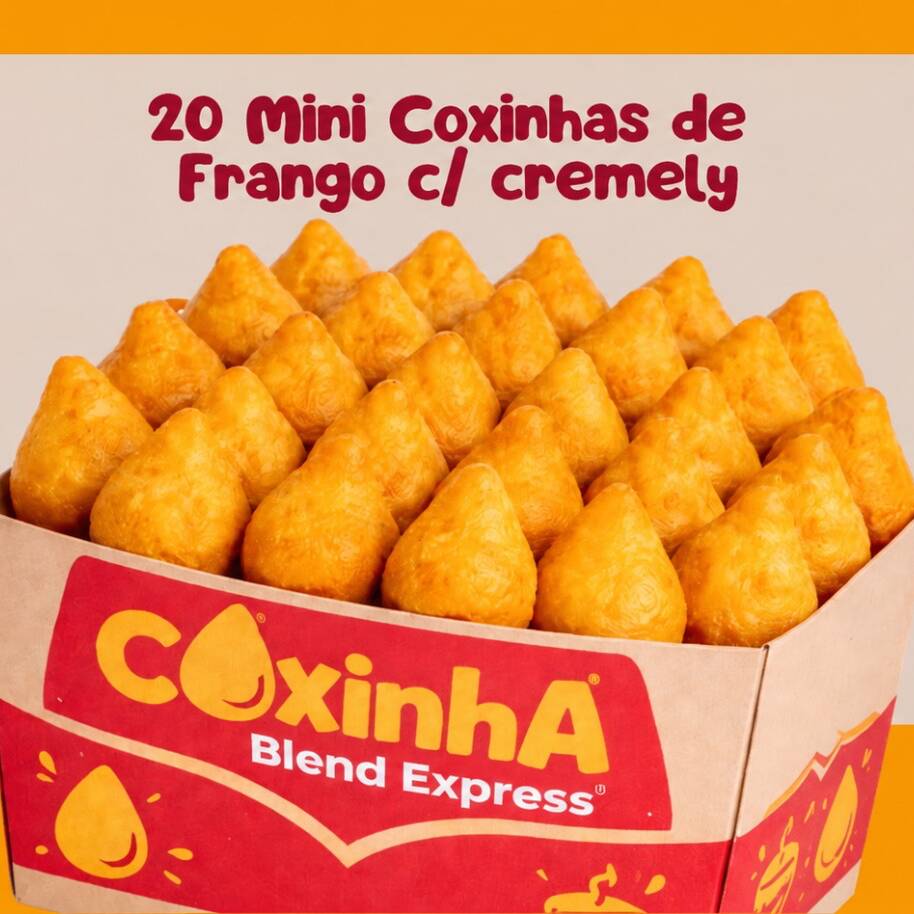 O mini maior que o padrão do mercado! Maior, mais recheado e mais satisfatório! Deliciosas mini coxinha de frango com cremely. Cada mordida revela uma massa leve e crocante por fora, cremosa e sedoso por dentro. Certamente satisfará o seu paladar e deixará você com gostinho de quero mais.