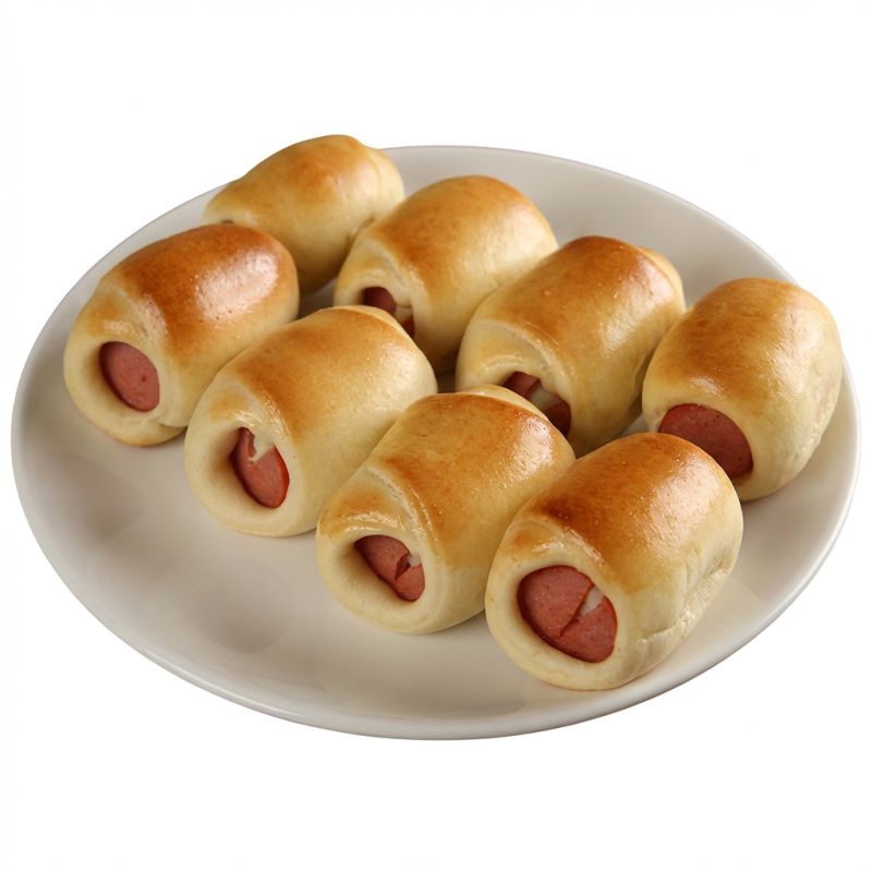 6 unidades de mini enroladinhos de salsicha.