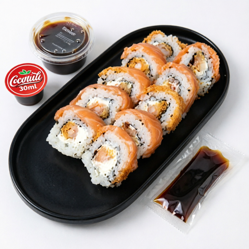 Bolinho de arroz com ger gelim, recheado com nori (Folhas de algas marinhas), camarão empanado, lâmina de salmão e cream cheese. (10 Peças) - Acompanha: 30ml de teriyaki e 1 sachê de shoyu