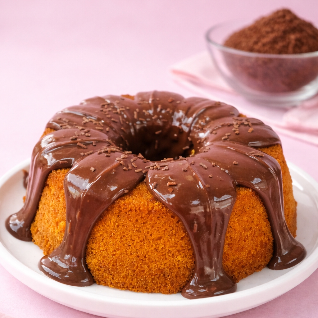 Massa leve de cenoura fofinha com cobertura de brigadeiro belga.