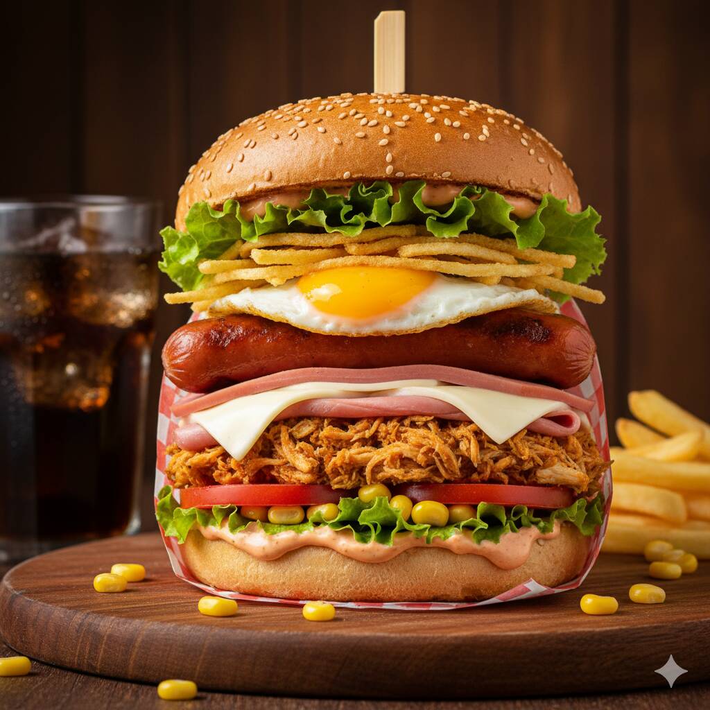 Pão, Frango, Ovo, Salsicha, Presunto, Mussarela, Milho, Tomate, Alface, Batata Palha