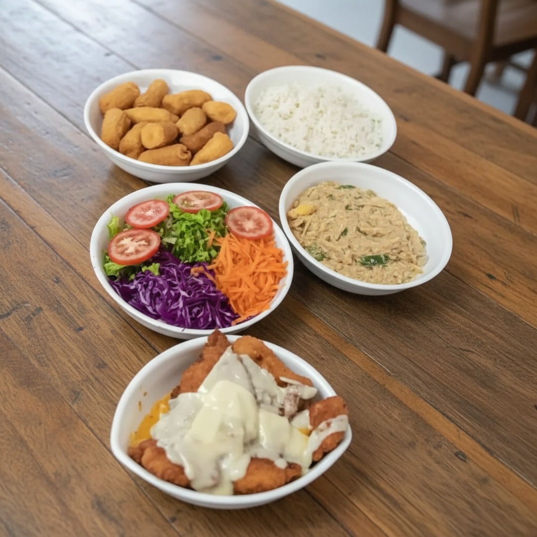 Combo para 3 Pessoas
Acompanha:
*Uma marmita média de Arroz
*Uma marmita pequena de fritura sendo Banana ou Batata
*Uma marmita pequena de Farofa
*Uma marmita pequena de Salada
550g de Frango à milanesa (6 Pedaços)