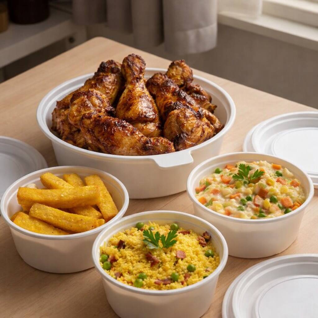 Combo para compartilhar: 500g de frango assado - coxas e sobre coxas, Arroz, 500g maionese, 300g farofa e 300g polenta frita.