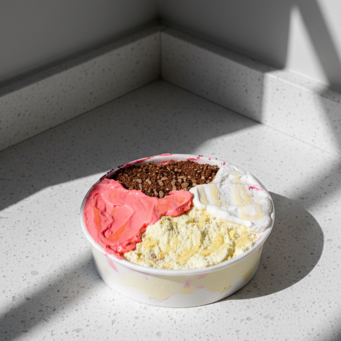 Uma combinação perfeita para os amantes de sobremesas cremosas! São 1 litro de açaí acompanhado de chantilly, Ovomaltine crocante, mousse de morango, leite em pó e leite condensado. Uma mistura irresistível de texturas e sabores que une cremosidade, crocância e o toque especial do morango, tornando cada colherada ainda mais deliciosa!