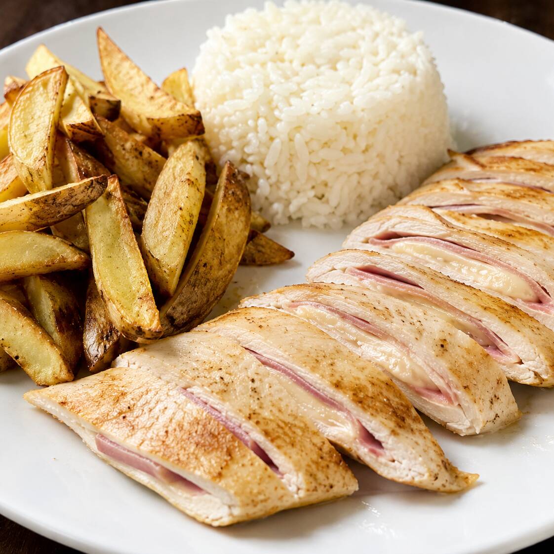 Enrollado de Pollo ,queso,jamón + Papas + Arroz