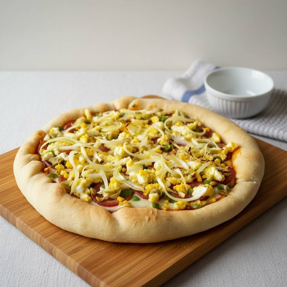 Calabresa moída, ovo, cebola e molho de pimenta