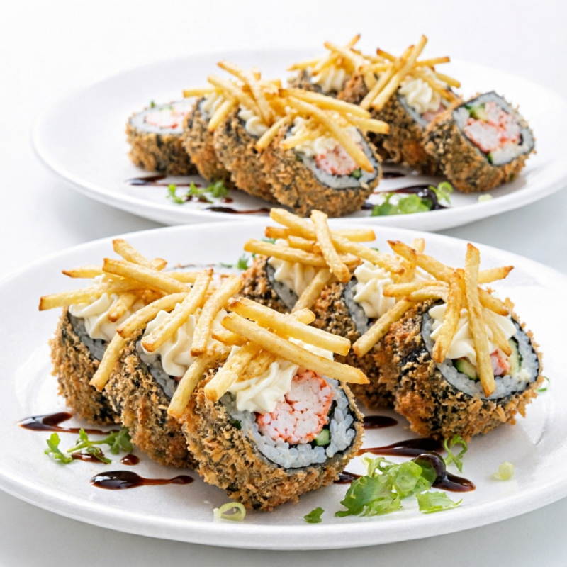 Sushi de Kane Kama Empanado e frito com cream cheese e batata palha por cima ( 10 un )