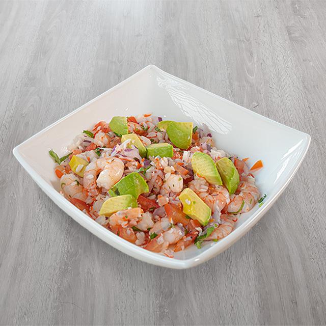Camarón cocido y Ceviche de Pescado
