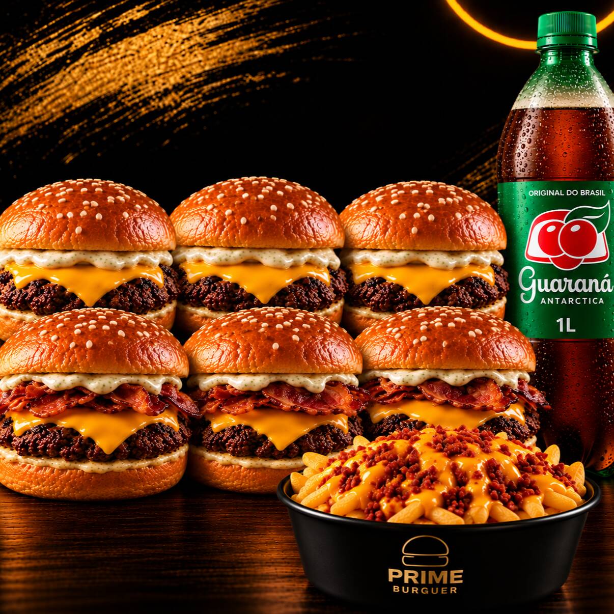 3 Prime burguer bacon + 3 Prime burguer smash + 1 Batata cheddar e bacon + 1 Guaraná 1L