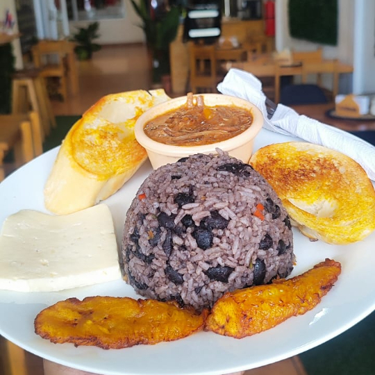 Gallo Pinto Carne en Salsa