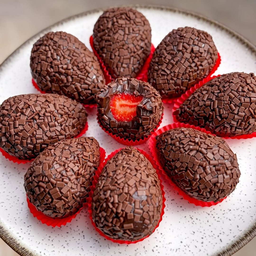 Morango selecionado, brigadeiro 50 % cacau, granule.