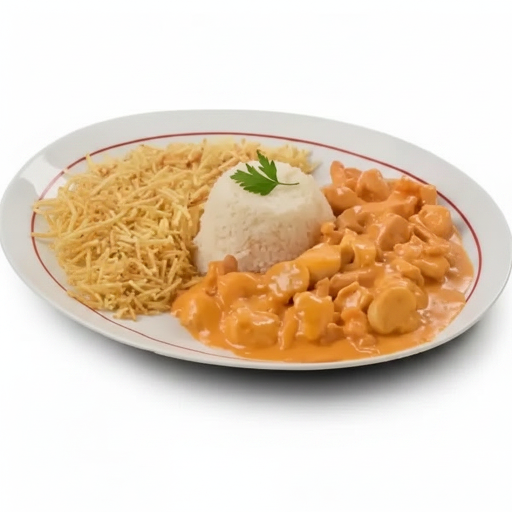 Strogonoff de frango + Batata palha (ou fritas ou purê) + Arroz. Peso do strogonoff = aprox. 250 gramas.