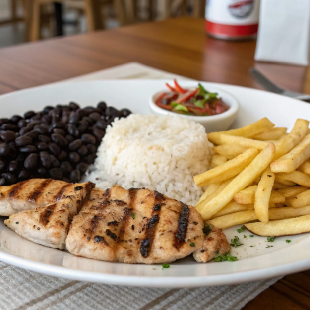 Clássico e saboroso! Filé de frango grelhado com tempero caseiro irresistível. Acompanha arroz soltinho, feijão temperado, farofa crocante e macarrão.