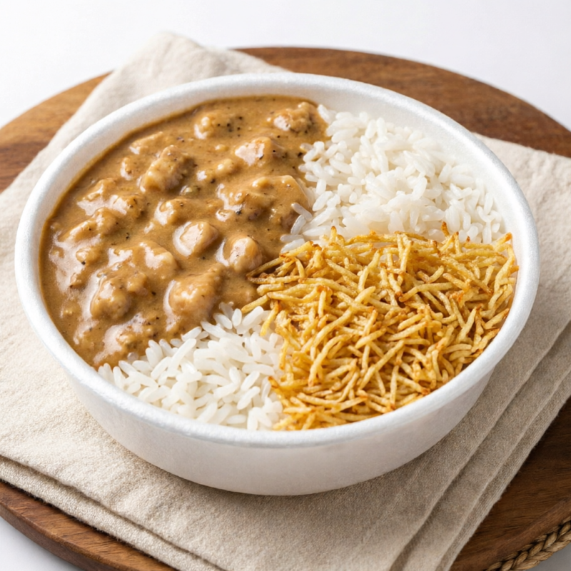 Marmita com Strogonoff de frango + Arroz + Batata Palha Marmita de 550 ml*