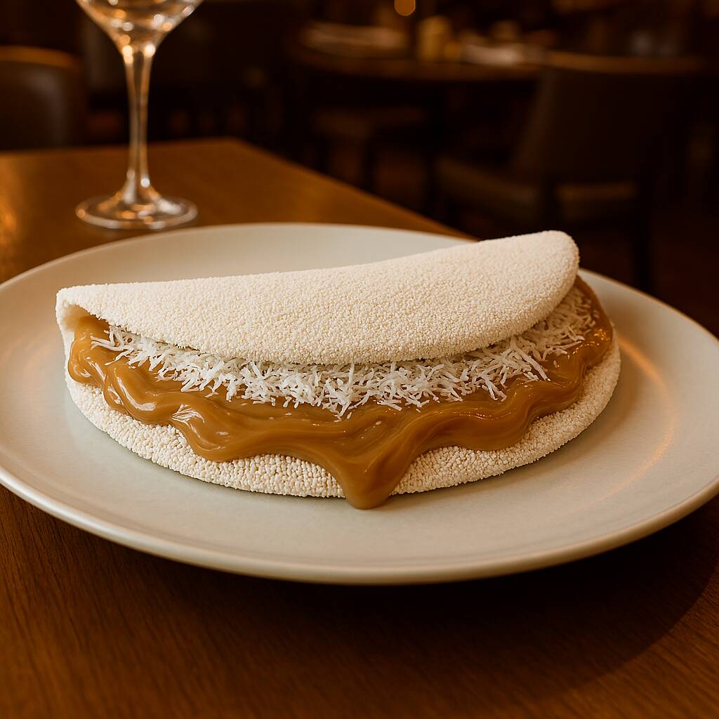 Massa Artesanal e Doce de Leite com Coco ralado. Tags: pizza, hambúrguer, xis, sushi, churrasco, massas, tapioca, açaí, lanches, comida japonesa, comida chinesa, comida árabe, comida caseira, comida saudável, comida vegetariana, comida vegana, comida light, comida rápida, almoço, jantar, lanche, festa, sem glúten, sem lactose, sem açúcar, low carb, keto, fitness, nutritivo, bebida, sobremesa,