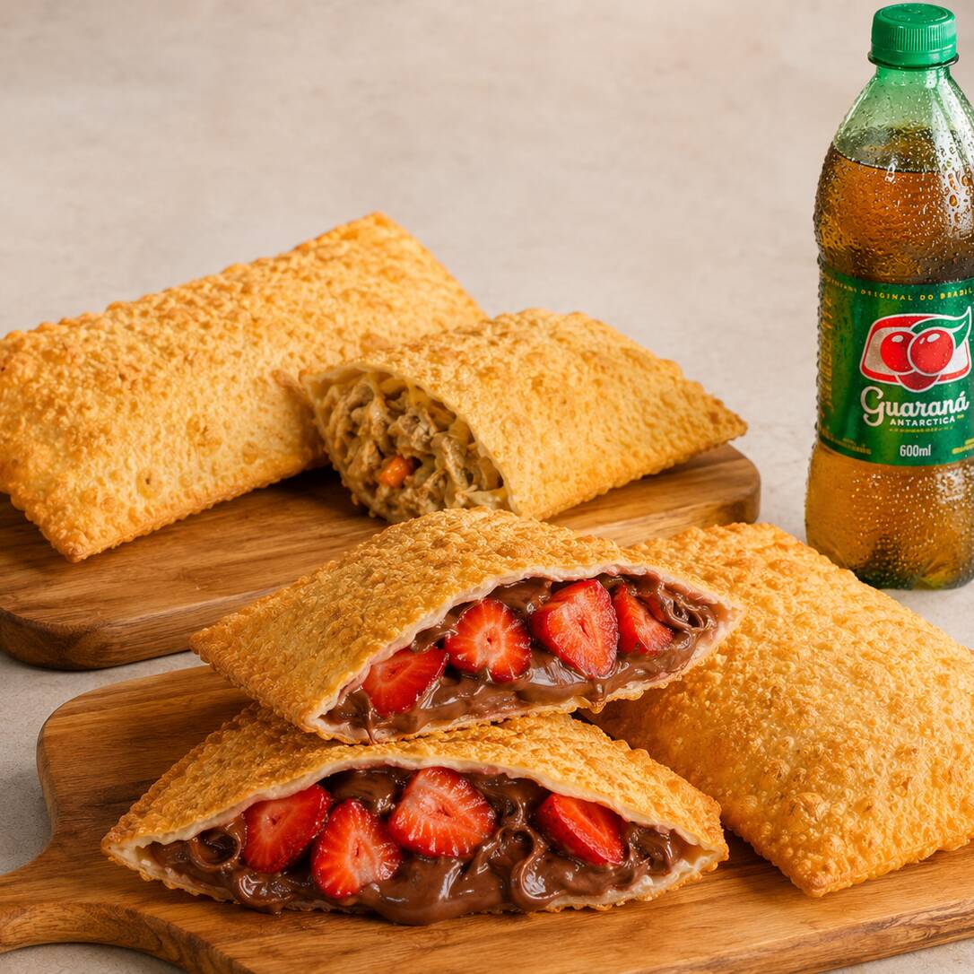 Jantar completo para dividir: 2 pastéis tradicionais salgados 21 cm à escolha, 2 pastéis doces de Nutella com Morango 21 cm e 1 Guaraná Antarctica 600 ml gelado. Um combo crocante, bem recheado e perfeito para casal que quer salgado, sobremesa e bebida no mesmo pedido.