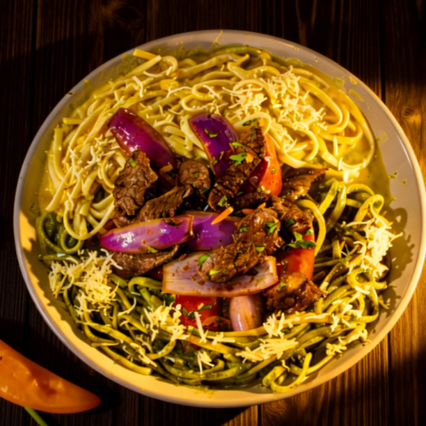 Lomo Saltado + Fetuccini a la Huancaína + Pesto