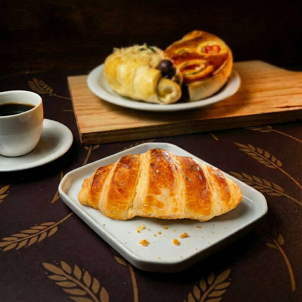 Croissant de queijo e presunto com massa leve, amanteigada e recheio de queijo derretido e presunto. Combinação clássica que deixa qualquer momento mais gostoso.