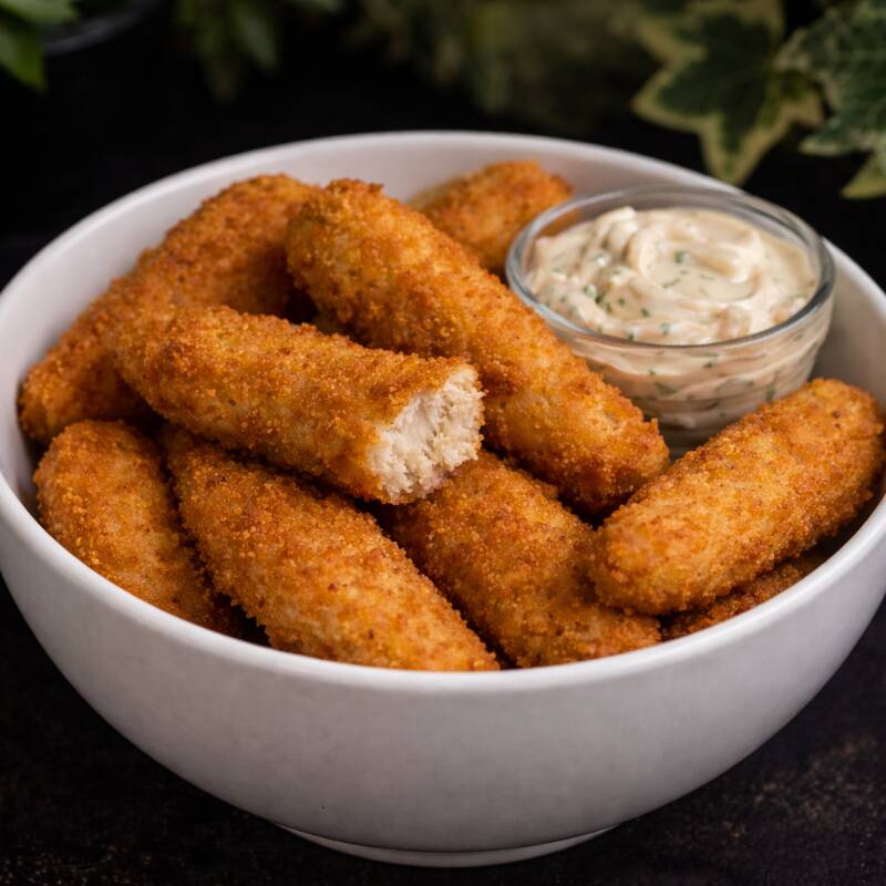 5 unidades de Iscas fritas de peixe vegetal. Acompanha molho da casa.