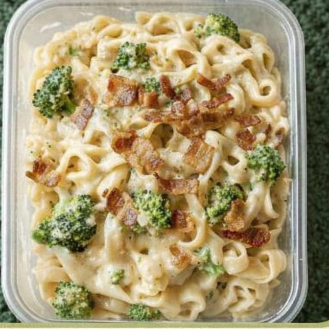 Macarrão integral, brócolis refogado com bacon, um delicioso molho bechamel finalizado com parmesão ralado