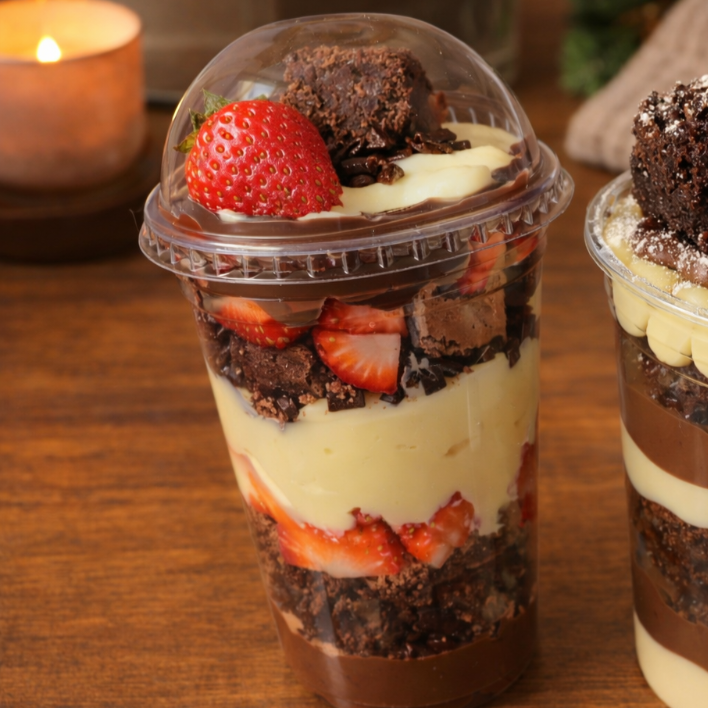 Camadas intercaladas de brigadeiro cremoso, morangos frescos, nosso brownie artesanal, creme de Ninho e finalizado com ganache meio amarga. Uma combinação equilibrada, cremosa e irresistível!