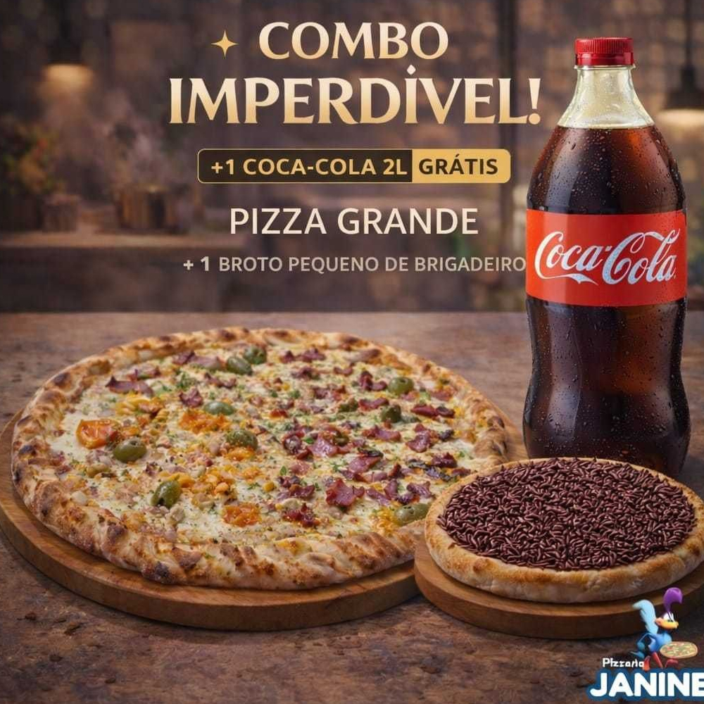 Um combo completo pra agradar todo mundo! Você leva 1 pizza grande salgada até 2 Sabores + 1 pizza broto de brigadeiro irresistível para fechar com chave de ouro + 1 Coca-Cola 2l grátis para acompanhar. Ideal para compartilhar em família ou com os amigos!