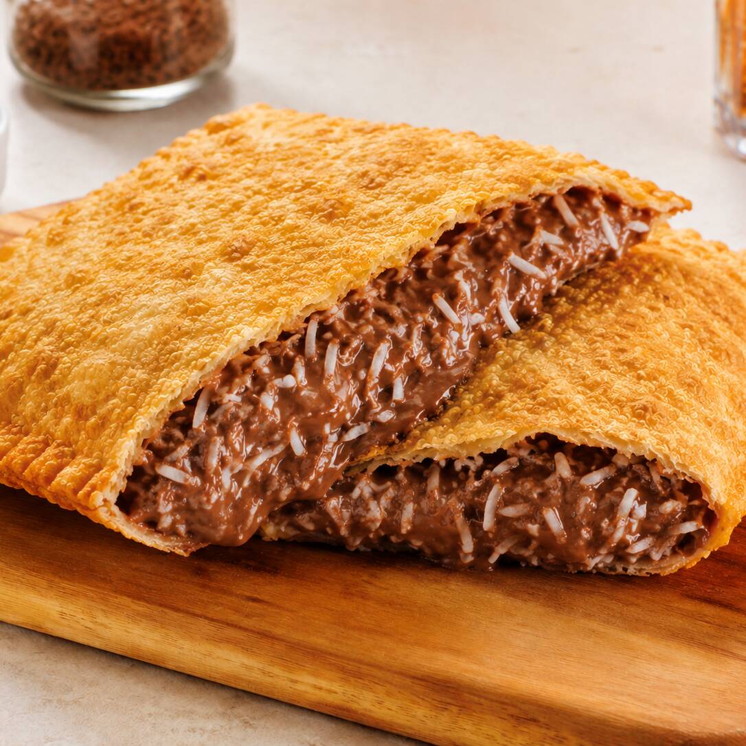 Pastel doce de 21 cm com chocolate e coco em uma massa crocante feita na hora. Uma sobremesa cremosa por dentro, sequinha por fora e perfeita para quem ama a combinação chocolate com coco.