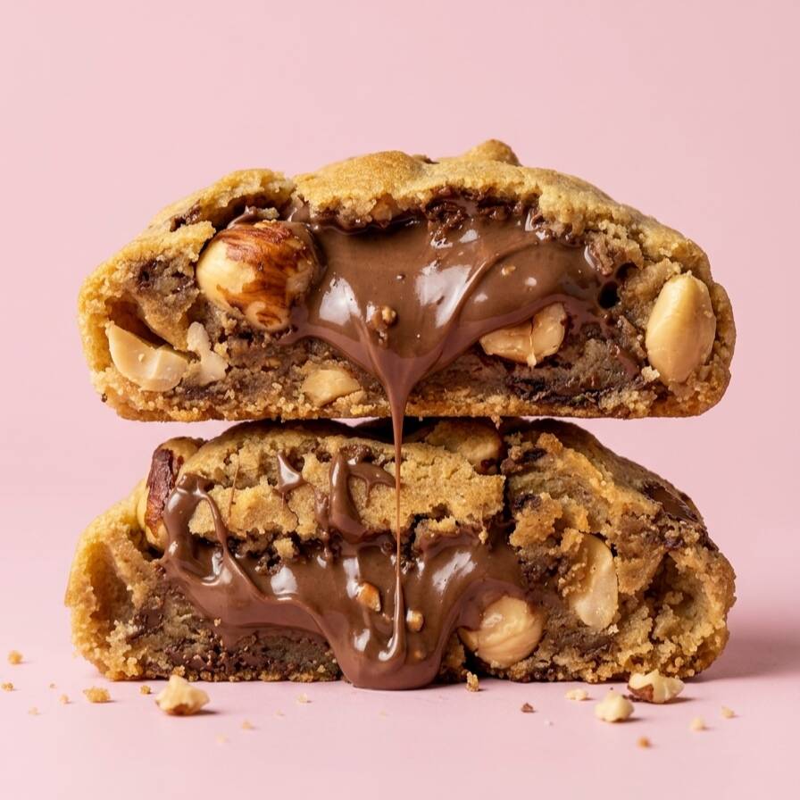 Cookie feito com nossa clássica massa estilo New York, carregado com avelãs e nozes, e recheado com bastante Nutella cremosa. Crocante por fora, macio por dentro e irresistível em cada mordida. 🍪✨