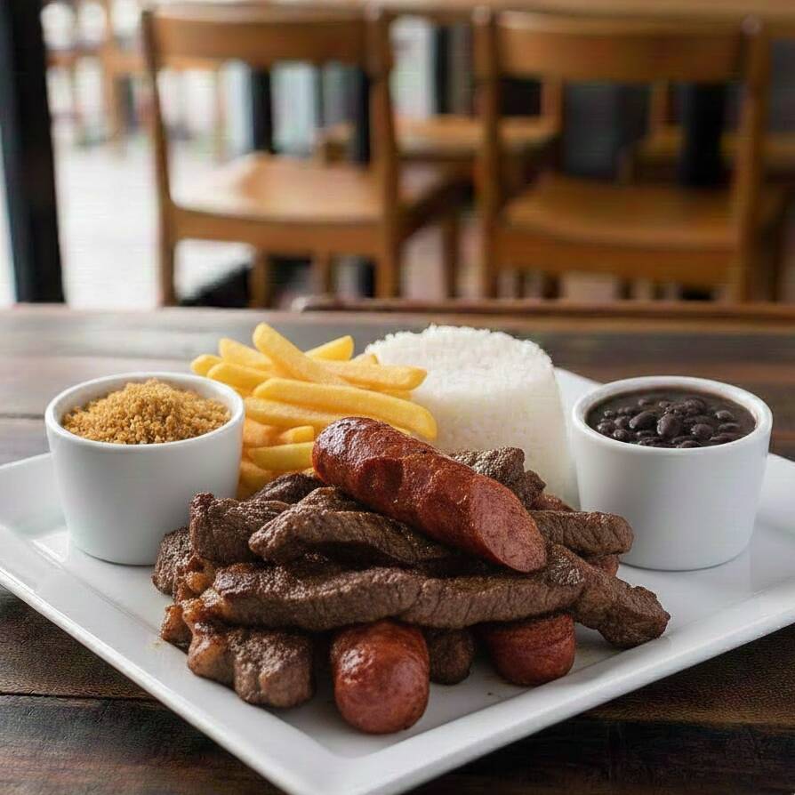Delicioso churrasquinho misto na chapa com carnes variadas, grelhadas no ponto certo e cheias de sabor. Acompanha arroz soltinho, feijão temperado, farofa crocante e macarrão.