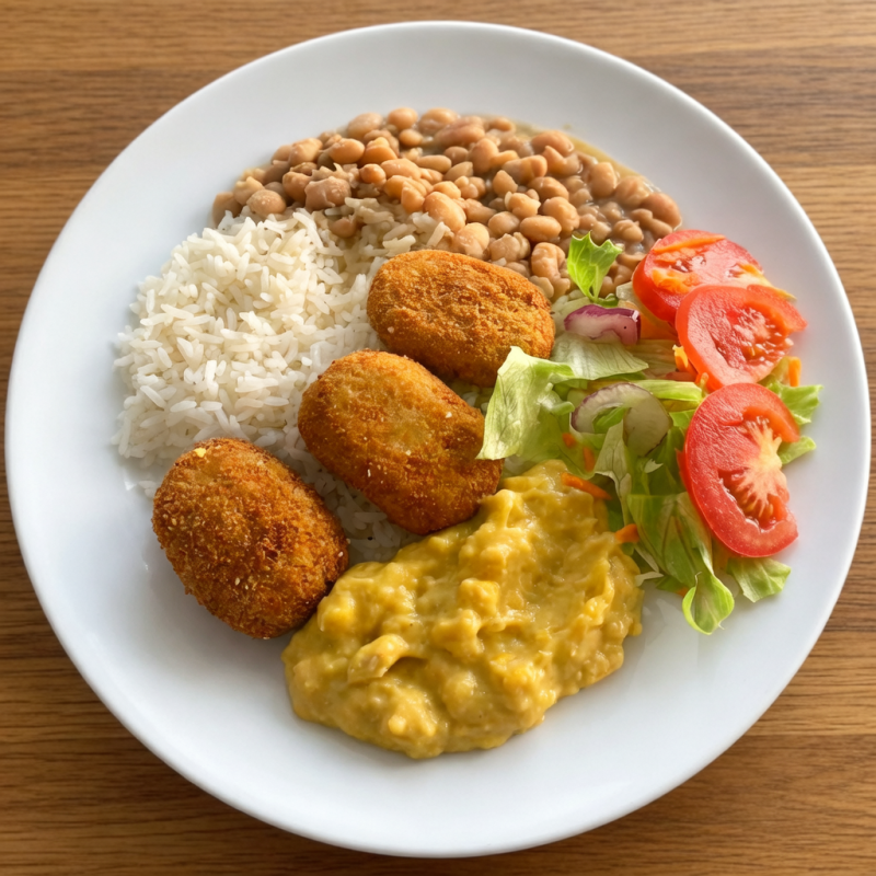 3 unidades de nuggets da incrivel, companha arroz, pure de bata, feijão e salada <3
