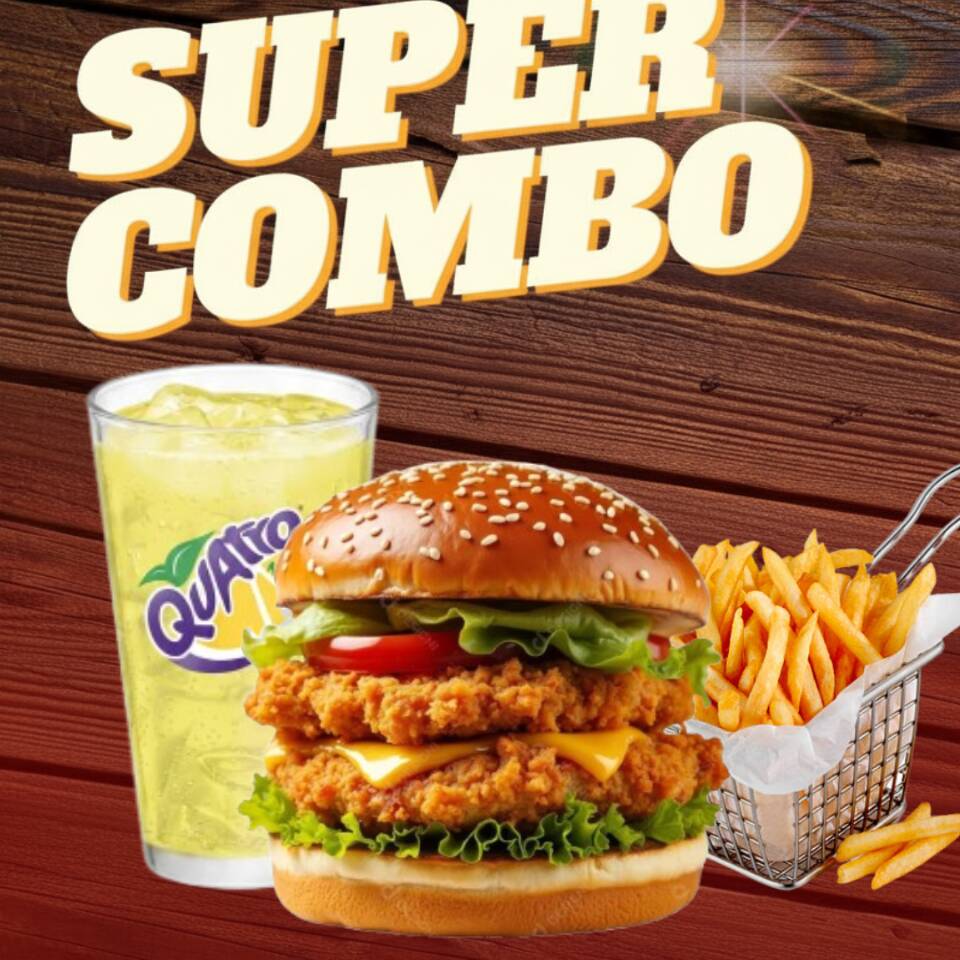 Hamburguesa Doble pollo Crispy + papas + Quatro
