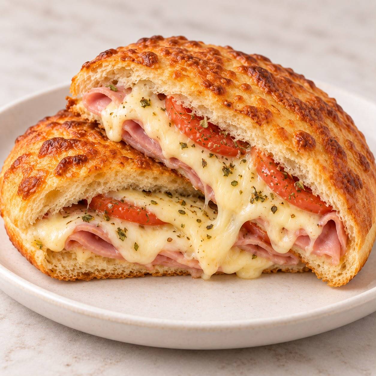 Pão recheado com presunto, mussarela, tomate e orégano, preparado quentinho.