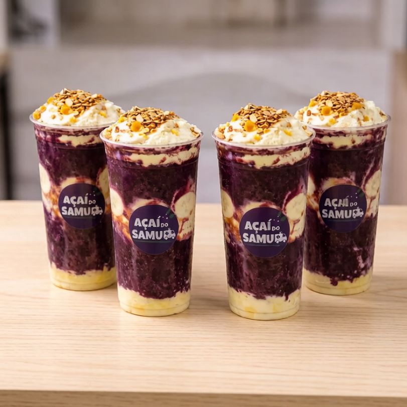 4x Copos Primeiros Socorros (500ml) Tradicional Com Açaí Cremoso, Banana Fatiada, Granola Crocante, Paçoca Triturada, Leite Condensado Cremoso E Leite Em Pó. Ingredientes Que Deixam Cada Copo Ainda Mais Irresistível.