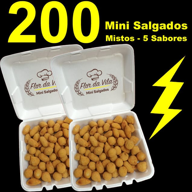 100 Deliciosos mini salgados(13grs) - 5 Sabores: Coxinha, presunto e queijo, rissole de carne, enroladinho de salsicha e requeijão. Embalagem Isopor. Não aceitamos alterações neste Mix promocional.